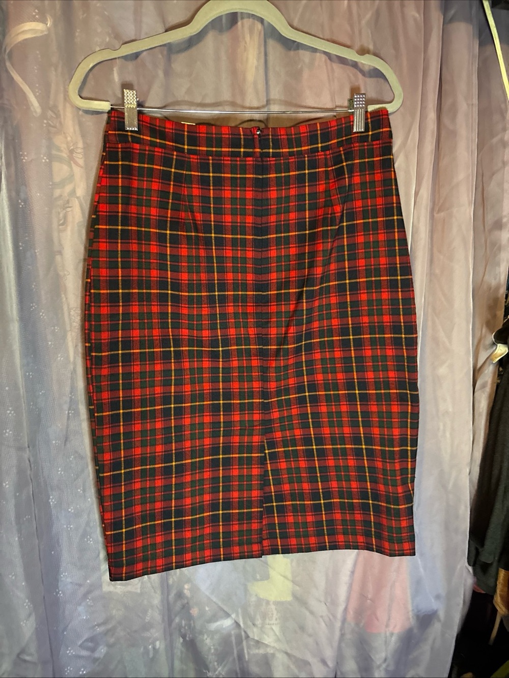 Collectif London Red, Navy, Green Plaid Pencil Skirt Pinup Retro Size 10 - Picture 2 of 9